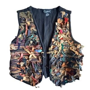 Exceptional Vintage Western Festival Leather Patchwork Vest Women M Shaggy Boho